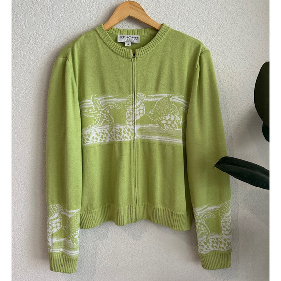 VTG St. John Womens Santana Knit Zip Cardigan Size 14 Resort Beach Ocean Print - Picture 1 of 8